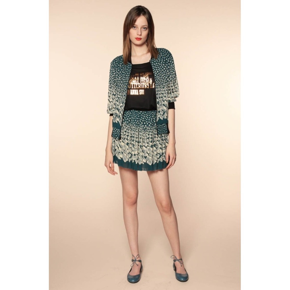 Anna Sui Geometric Pattern Y2K Mini Skirt Green Pleated Ruffle Designer Small